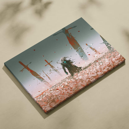 Dark fantasy reaper canvas wall art featuring an anime style skull warrior in a rose field with gothic swords