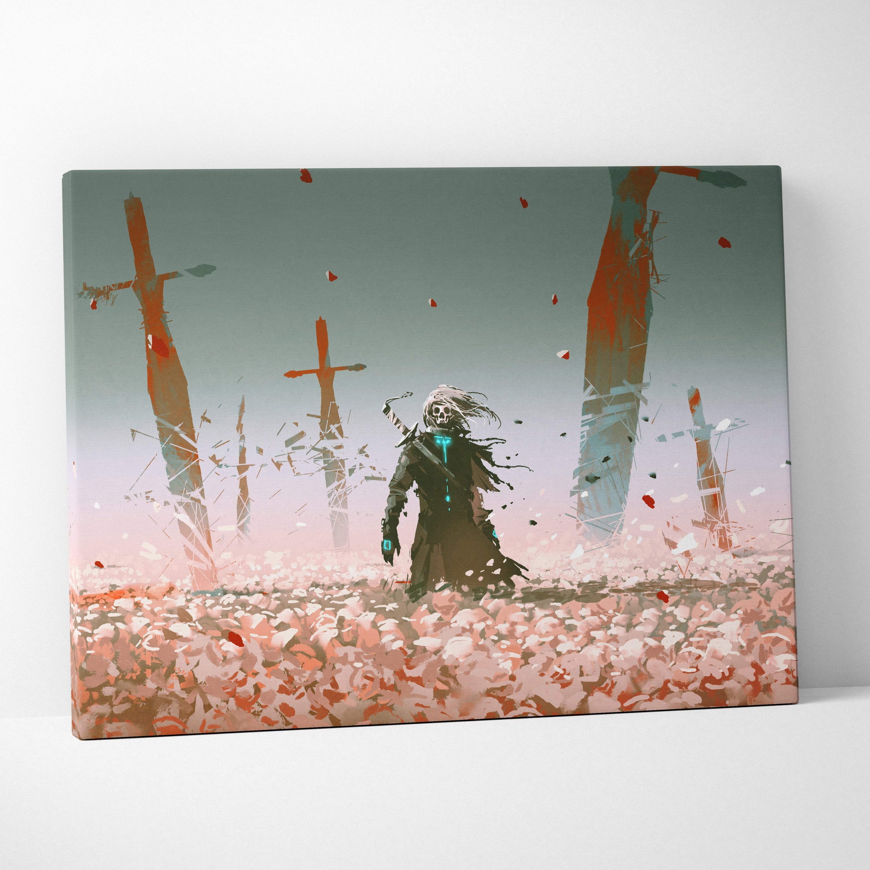 Dark fantasy reaper canvas wall art featuring a skeletal warrior in dark tattered clothing amid shattered crosses and falling petals