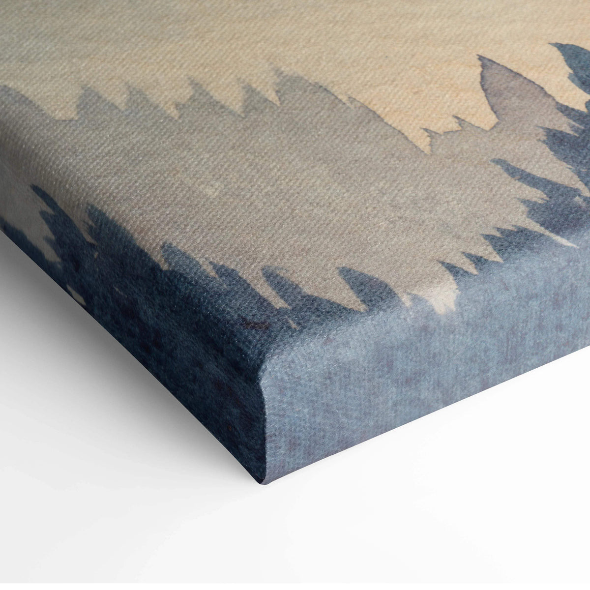 Watercolor mountain landscape canvas with teal peach gradients, misty forest silhouettes