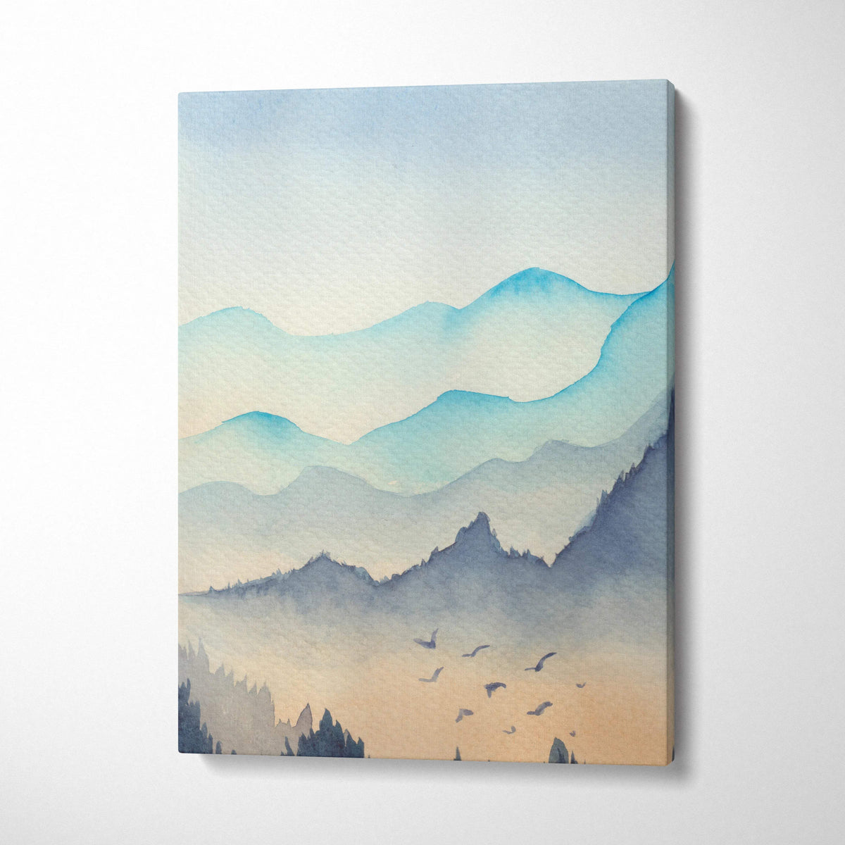 Watercolor mountain landscape canvas with blue peaks, misty forest, dawn birds
