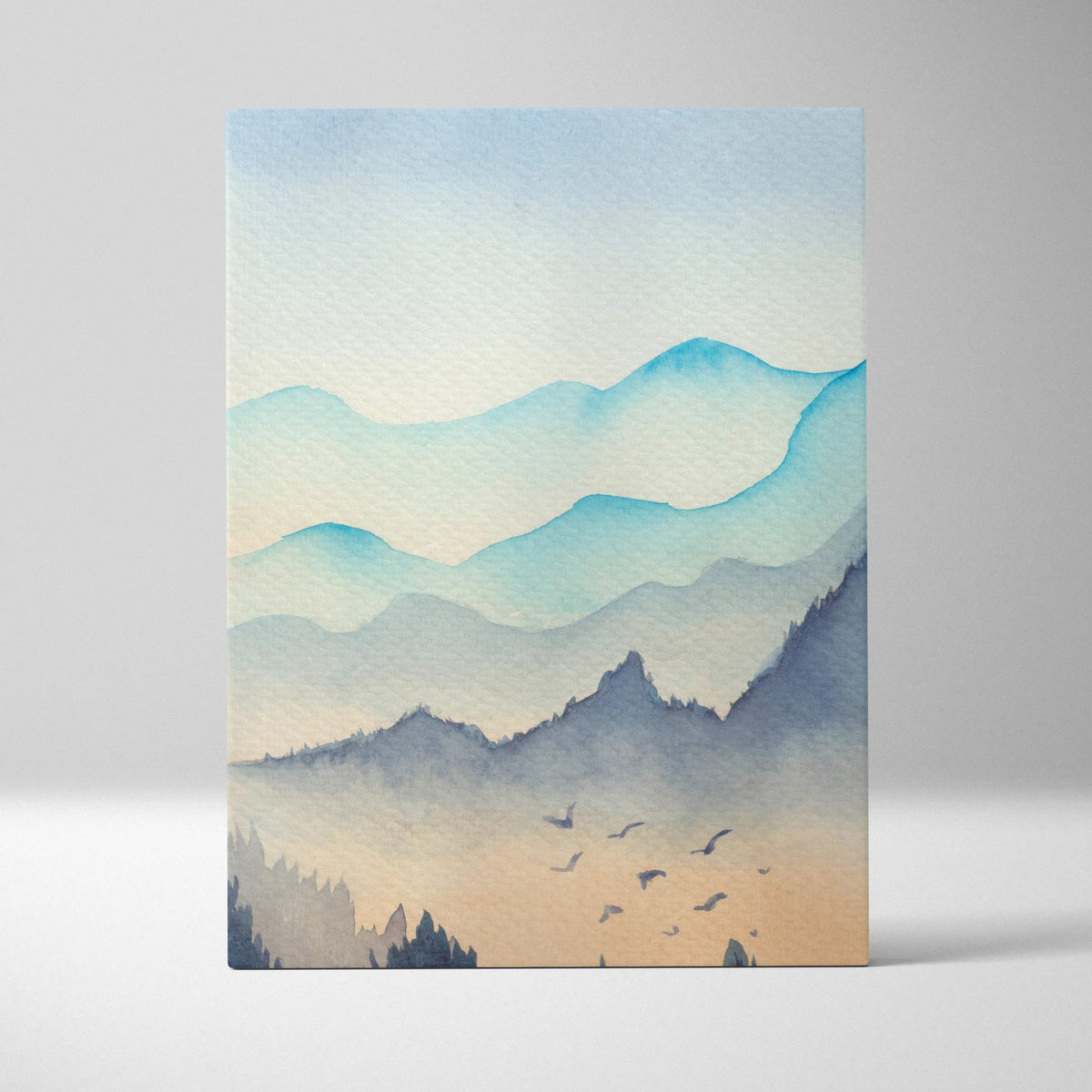 Watercolor mountain landscape canvas print with blue peaks, misty forest, dawn birds