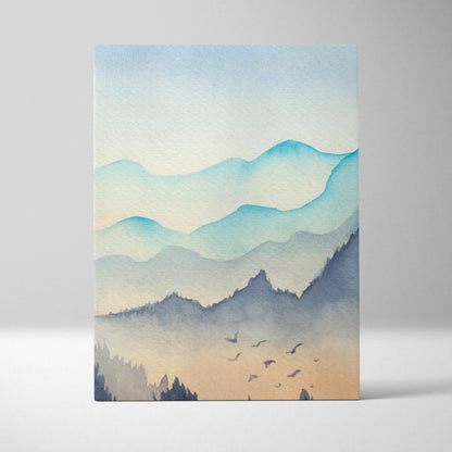 Watercolor mountain landscape canvas print with blue peaks, misty forest, dawn birds