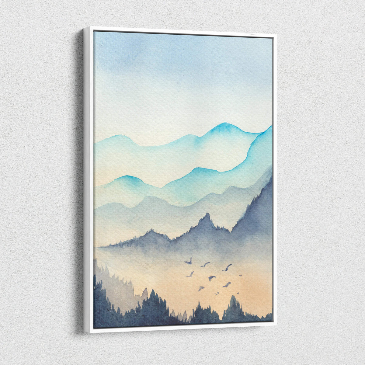 Watercolor mountain landscape canvas wall art with layered blue peaks, misty forest silhouettes, dawn birds in teal peach tones