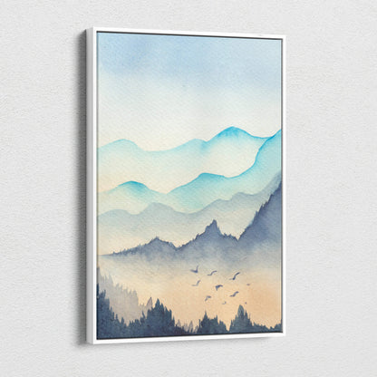 Watercolor mountain landscape canvas wall art with layered blue peaks, misty forest silhouettes, dawn birds in teal peach tones