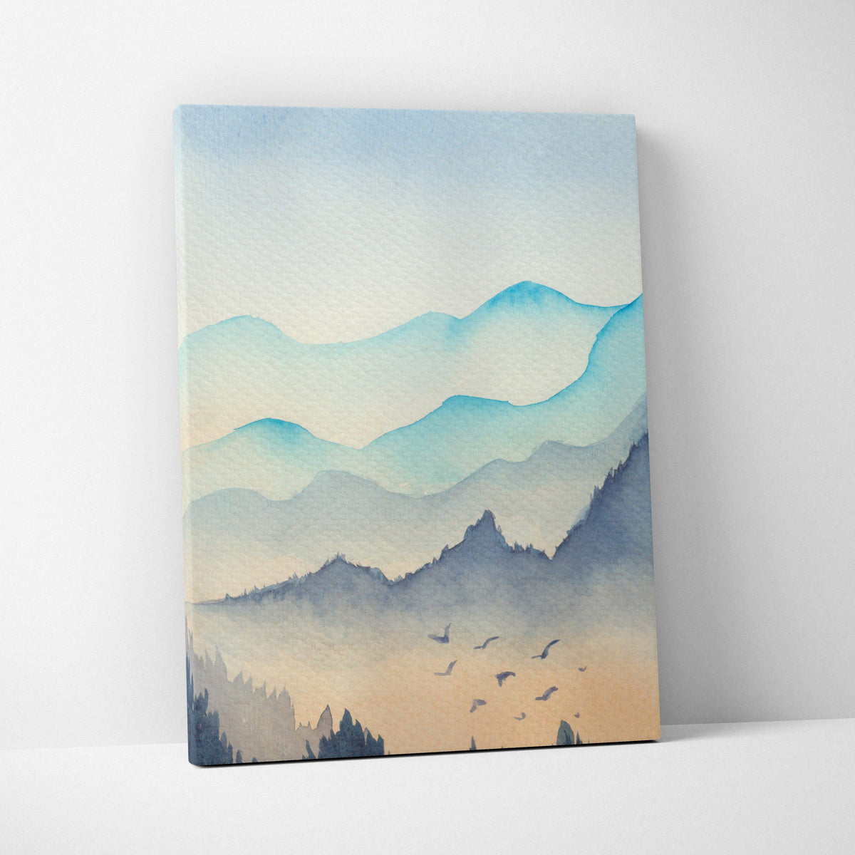 Serene watercolor mountain landscape canvas with blue peaks, misty forest, dawn birds