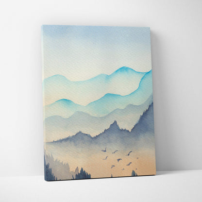 Serene watercolor mountain landscape canvas with blue peaks, misty forest, dawn birds