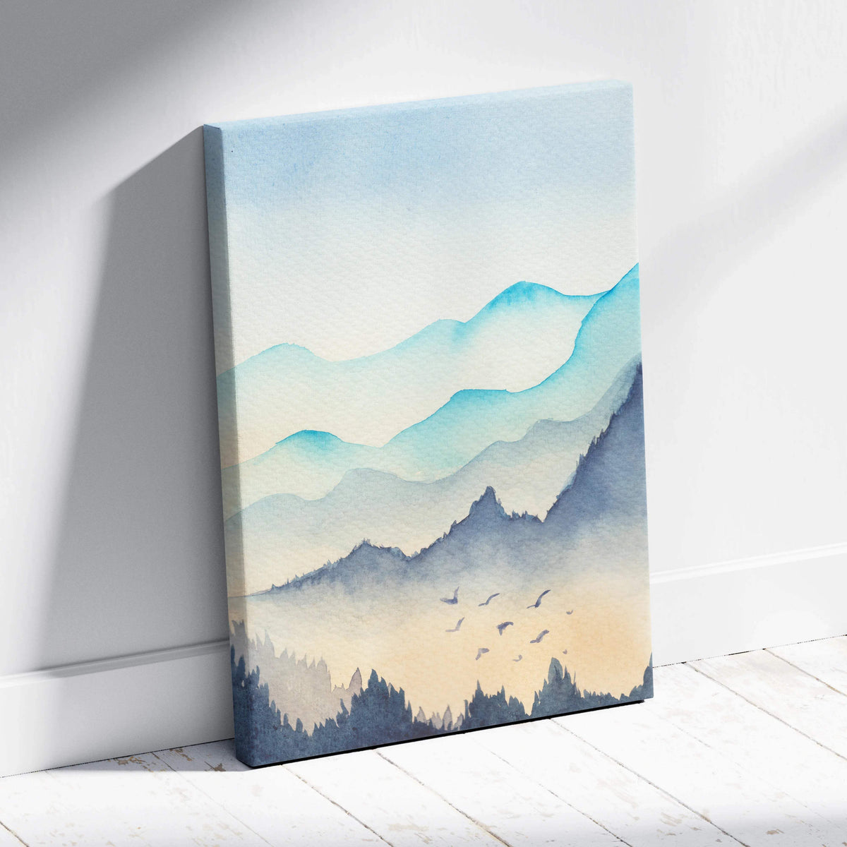 Serene watercolor mountain landscape canvas with teal peach peaks misty forest birds on white wall