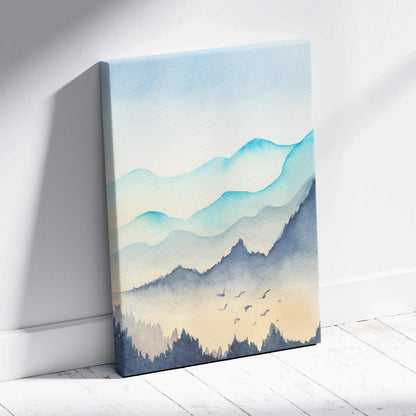 Serene watercolor mountain landscape canvas with teal peach peaks misty forest birds on white wall