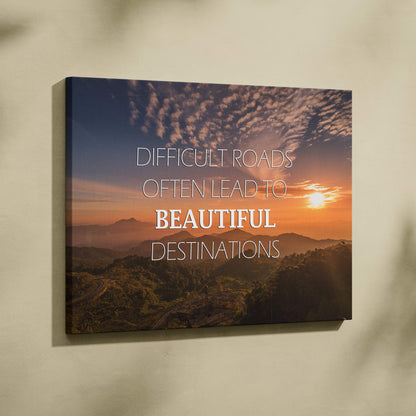 Motivational mountain sunset canvas wall art with scenic orange sunset over mountains and white inspirational quote text