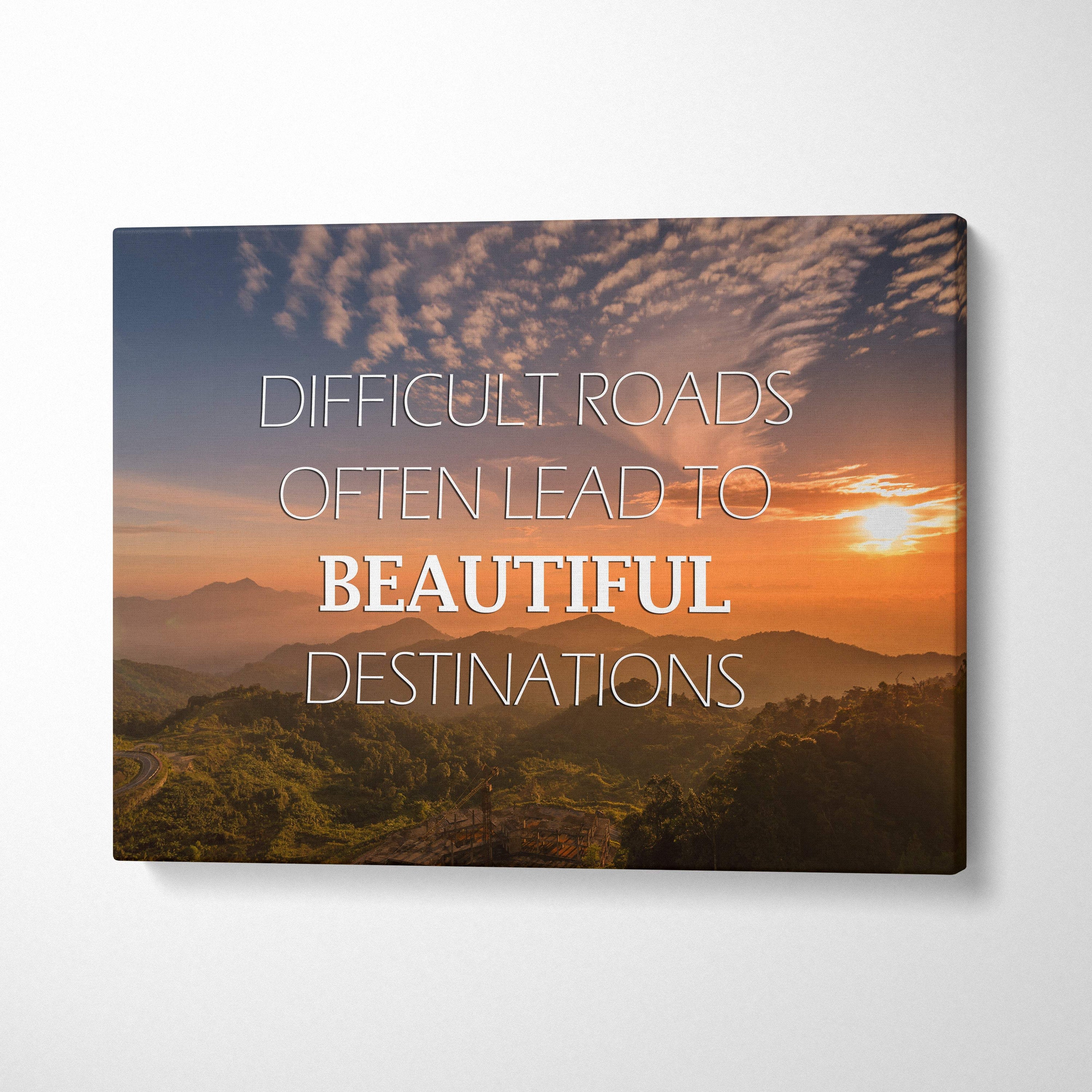 Motivational mountain sunset canvas wall art with white inspirational text on scenic rectangular landscape print
