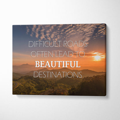 Motivational mountain sunset canvas wall art with white inspirational text on scenic rectangular landscape print