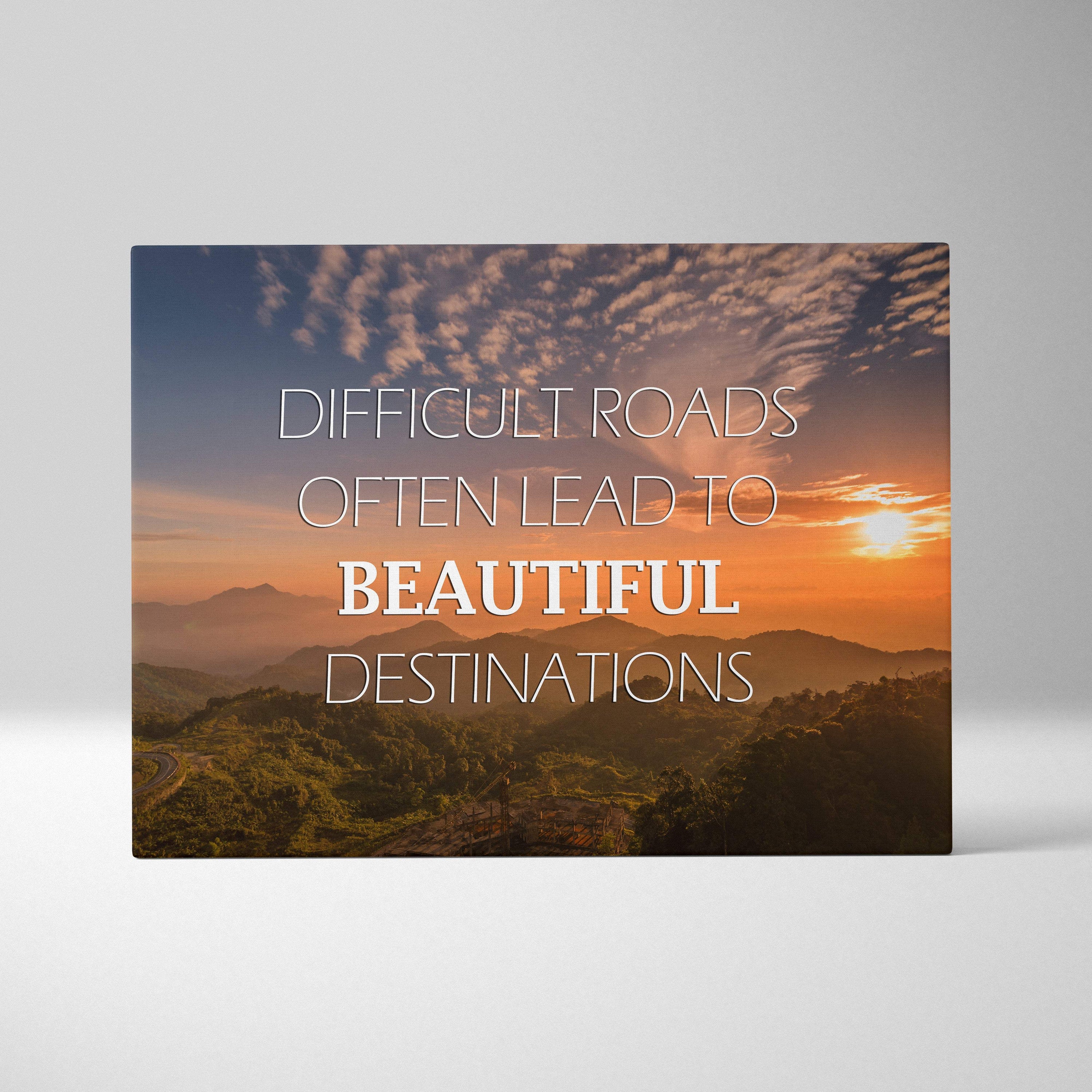 Motivational mountain sunset canvas wall art with scenic orange and purple mountains and inspirational white text print