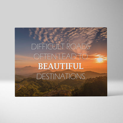 Motivational mountain sunset canvas wall art with scenic orange and purple mountains and inspirational white text print