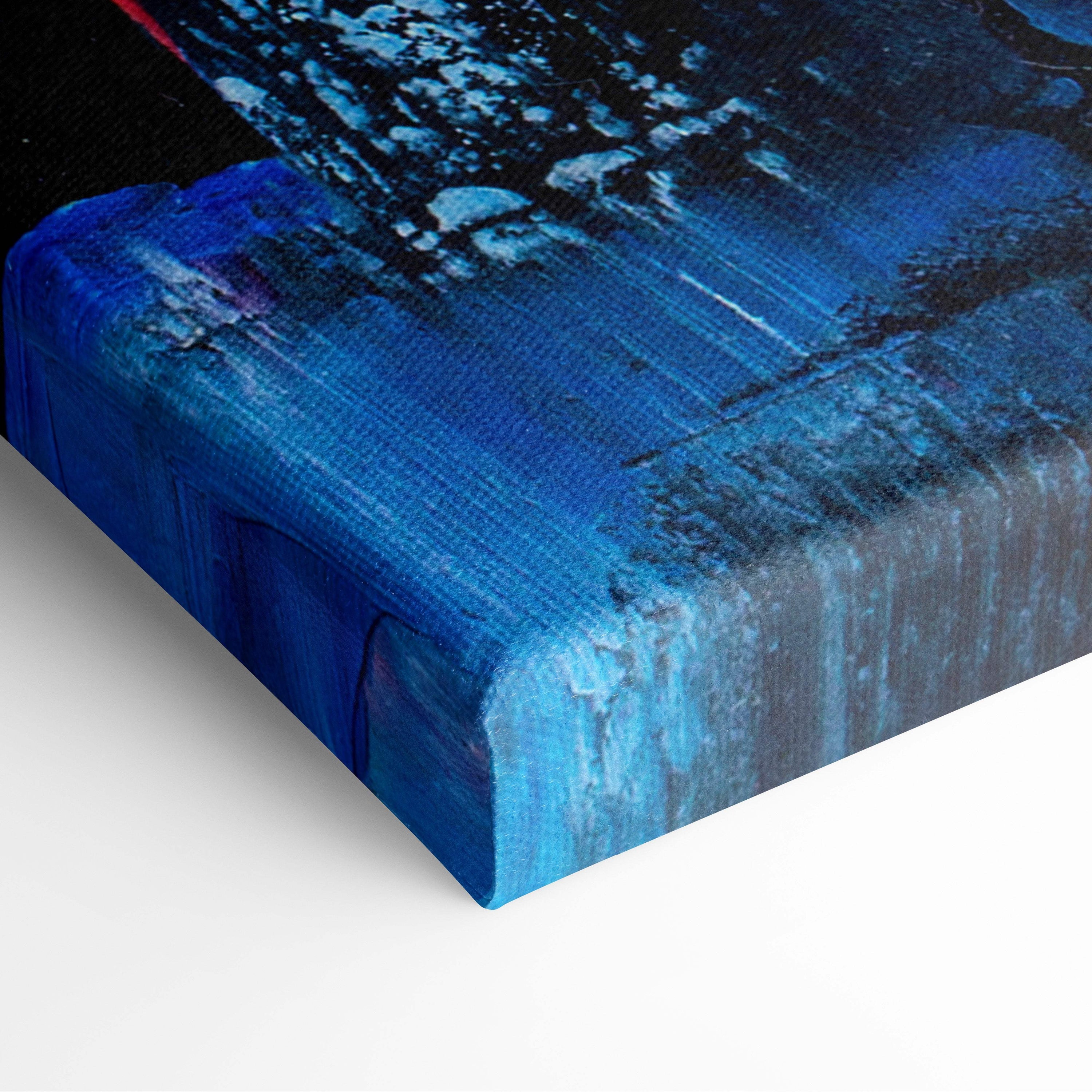 Abstract city buildings painting style wall art with bold blue and black textured brushstrokes on canvas print