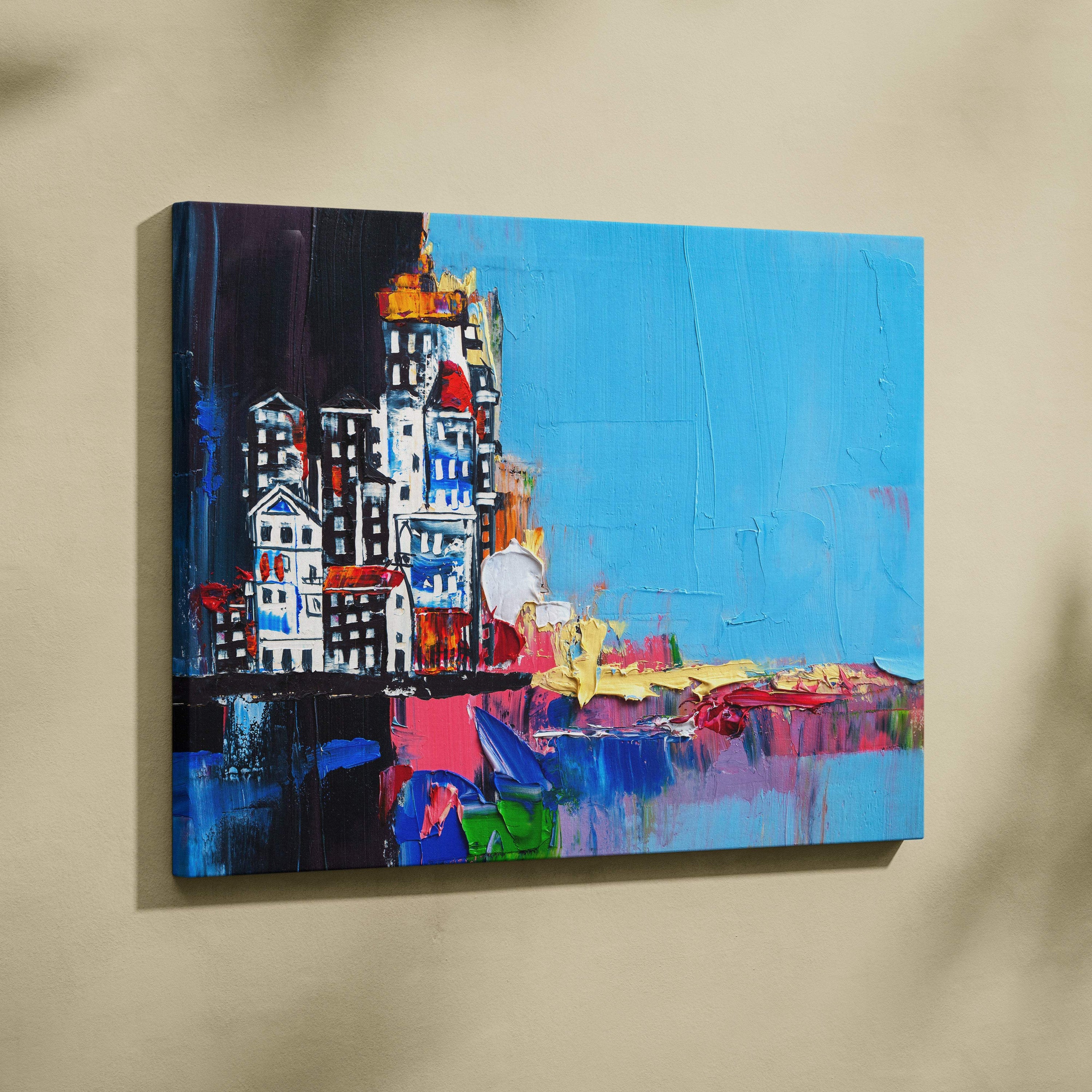Abstract city buildings painting style wall art with bold blue sky colorful white and red buildings and textured brushstrokes on canvas