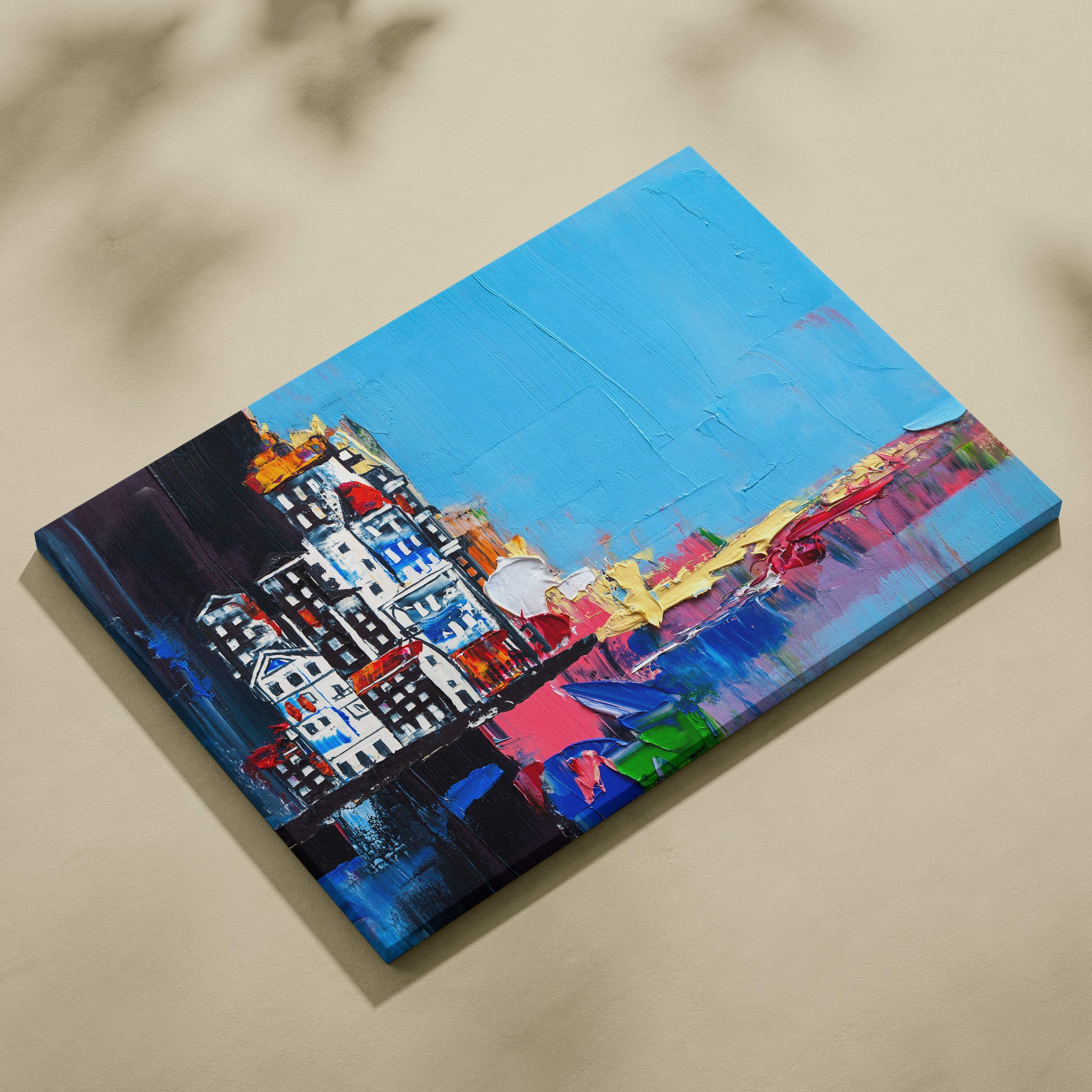 Vibrant abstract cityscape canvas painting with bold brushstrokes and bright blue sky colorful urban architecture art print
