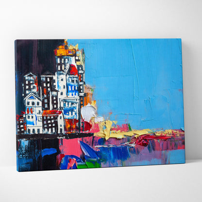 Vibrant abstract city buildings painting with bold brushstrokes and dominant blue sky on stretched canvas print