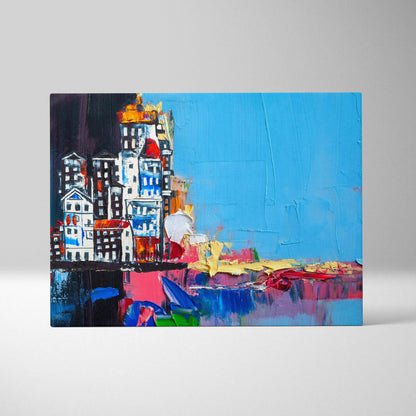 Abstract city buildings painting style wall art with vibrant brushstrokes and bright blue sky on textured canvas print