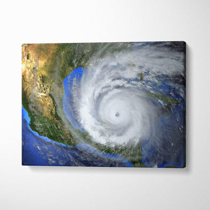 A rectangular canvas print showing a swirling hurricane satellite view with deep blue ocean and white spiral storm details