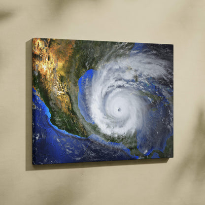 A vibrant stretched fabric canvas featuring a deep blue ocean and white spiral hurricane for dramatic wall decor