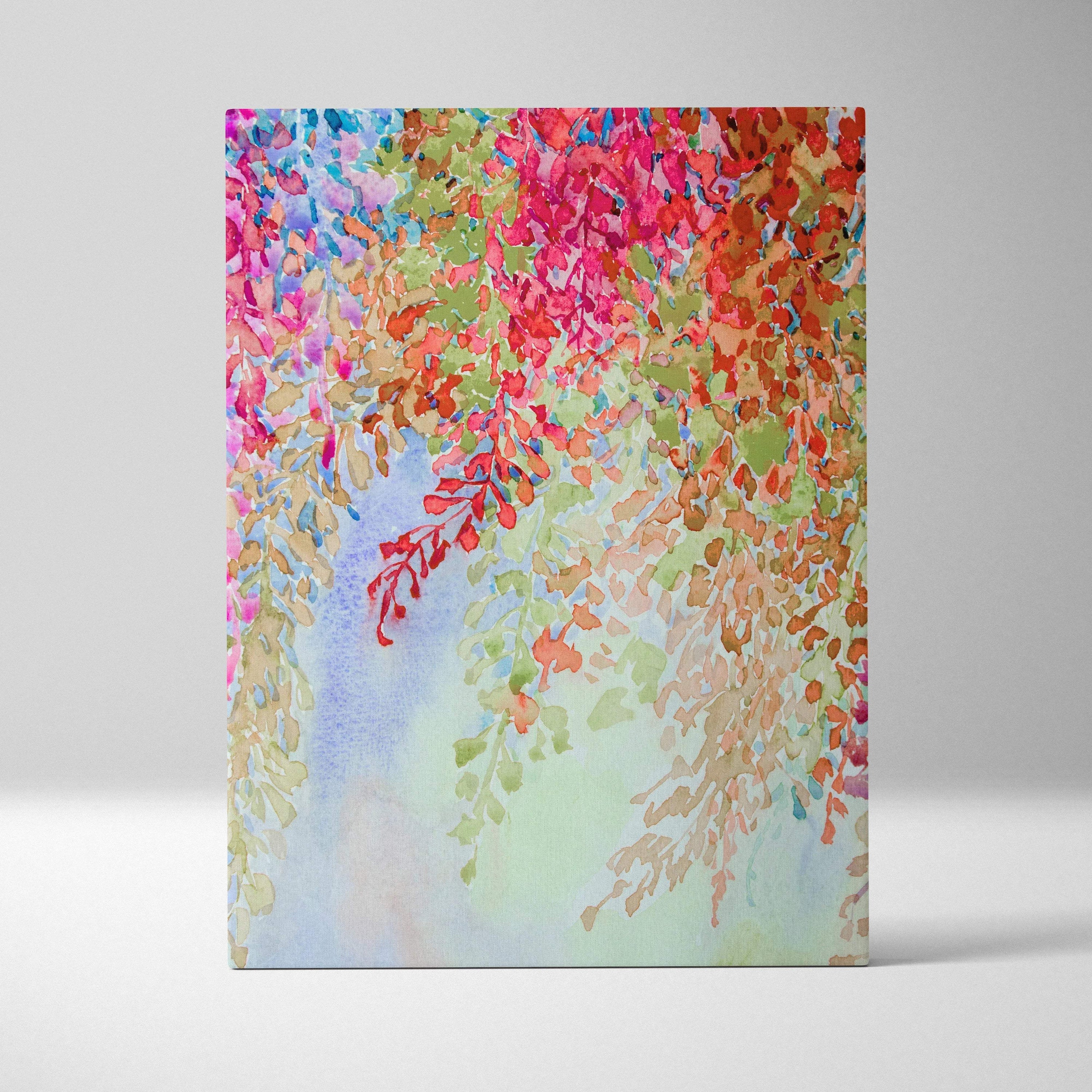 Vibrant watercolor floral canvas wall art with cascading pink red orange green leaves on blue mint background