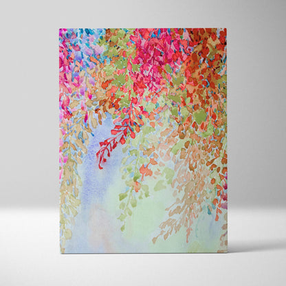 Vibrant watercolor floral canvas wall art with cascading pink red orange green leaves on blue mint background