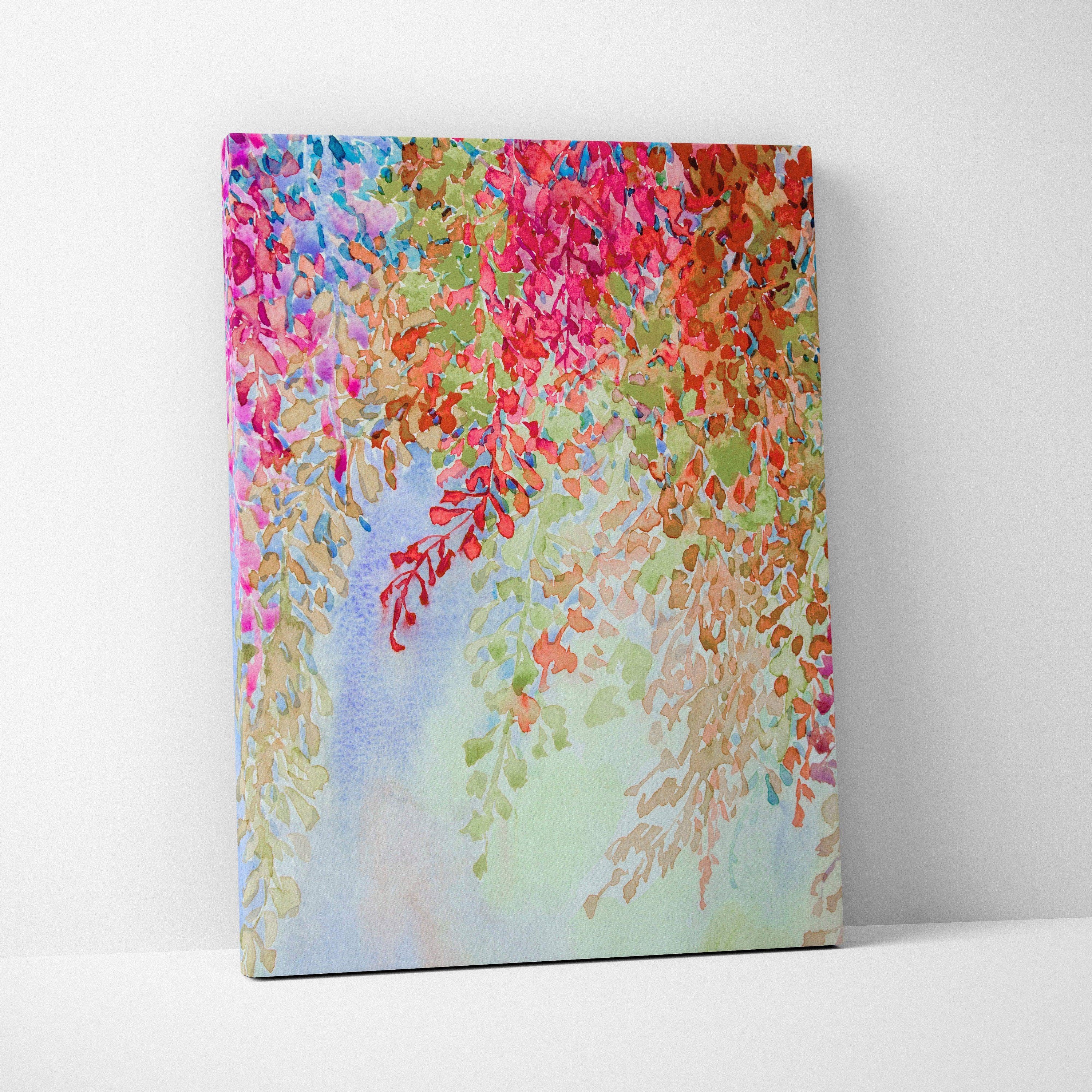 Vibrant watercolor floral canvas wall art with cascading pink red orange green leaves