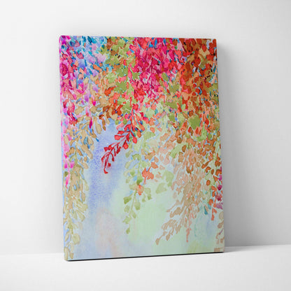 Vibrant watercolor floral canvas wall art with cascading pink red orange green leaves