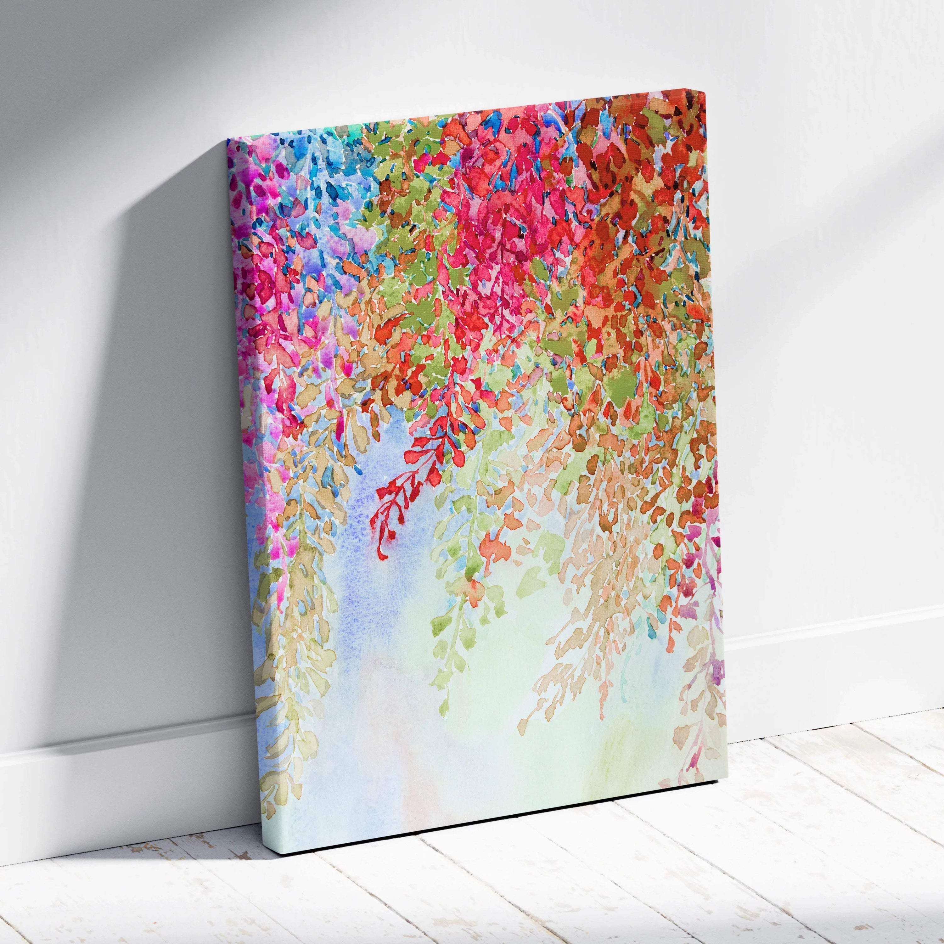 Vibrant watercolor floral canvas wall art with cascading pink red blue green blossoms