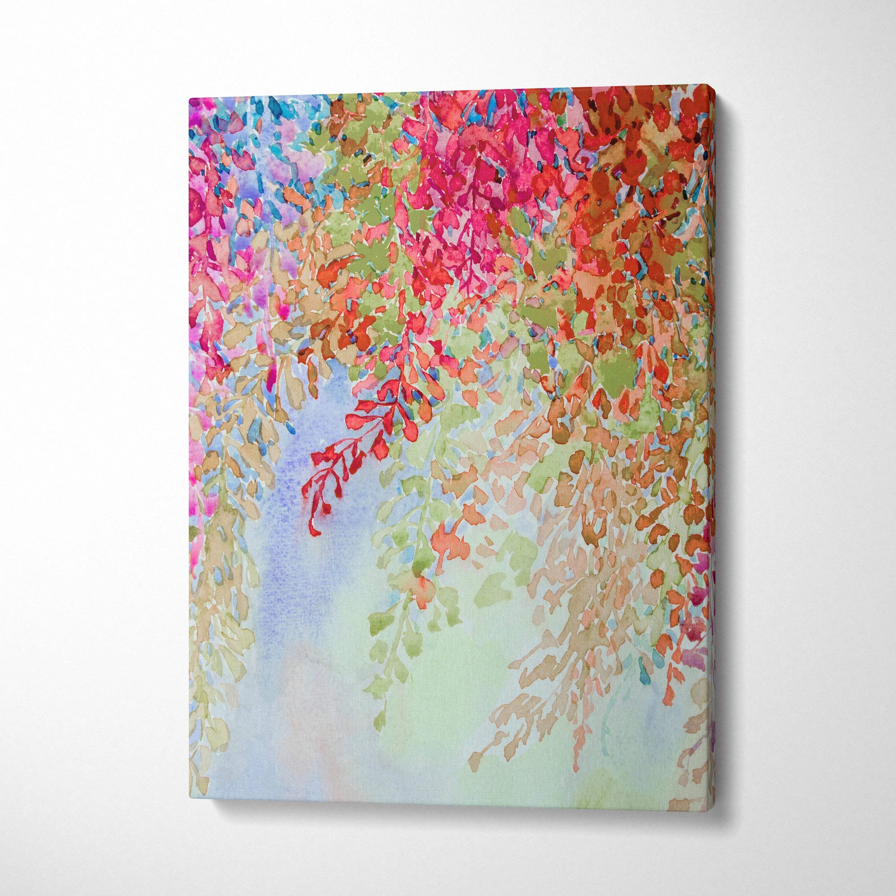 Vibrant watercolor floral canvas wall art with cascading blossoms in pink, red, green, gold hues