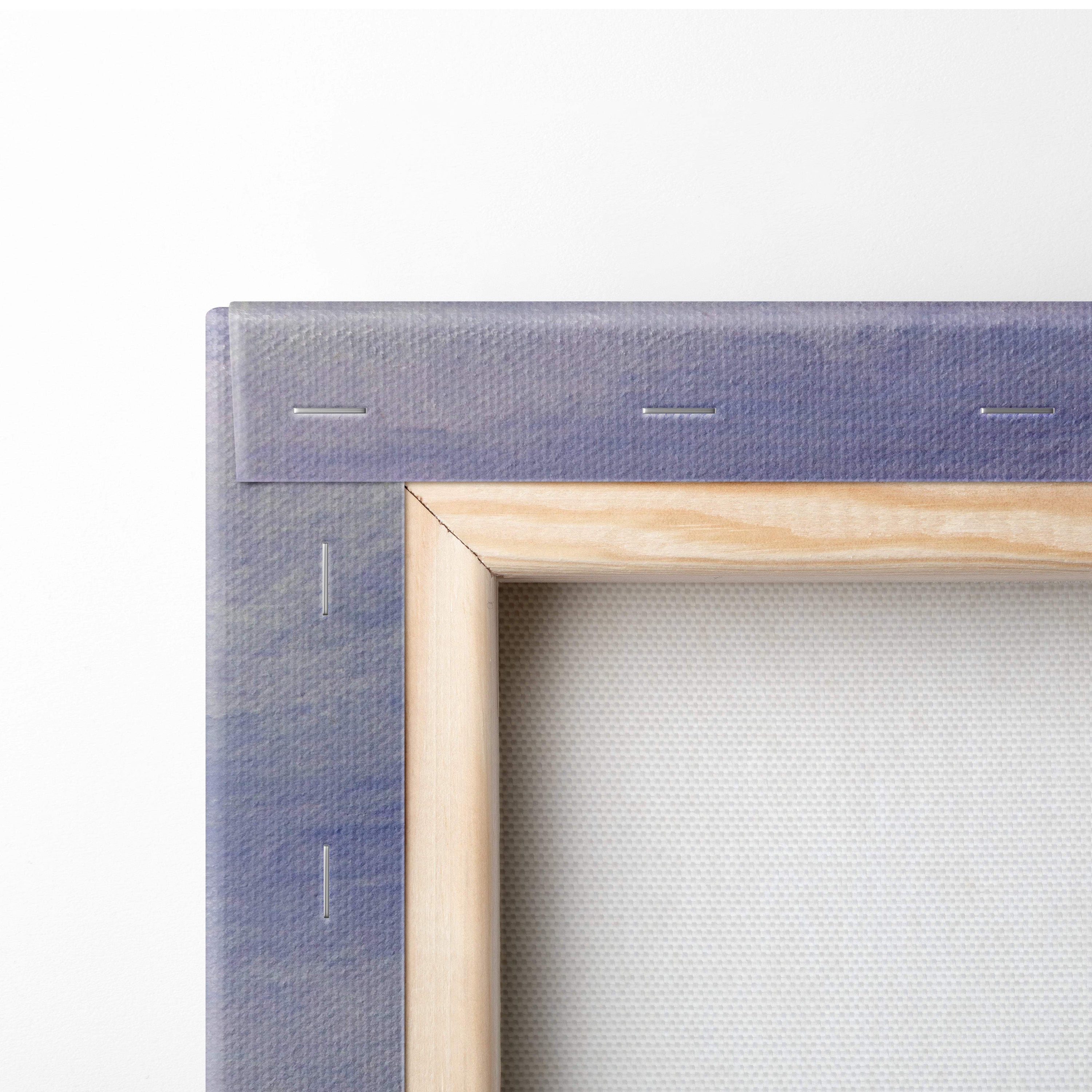 Tuscan countryside landscape canvas print with light wood frame textured lavender border and visible stitching