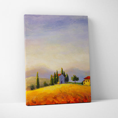 Tuscan countryside landscape rectangular canvas print with golden fields red roof houses and soft pastel sky in oil style