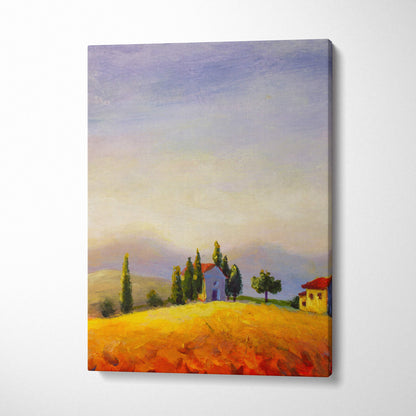 Tuscan countryside landscape canvas print of golden fields with blue and yellow houses and cypress trees under pastel sky
