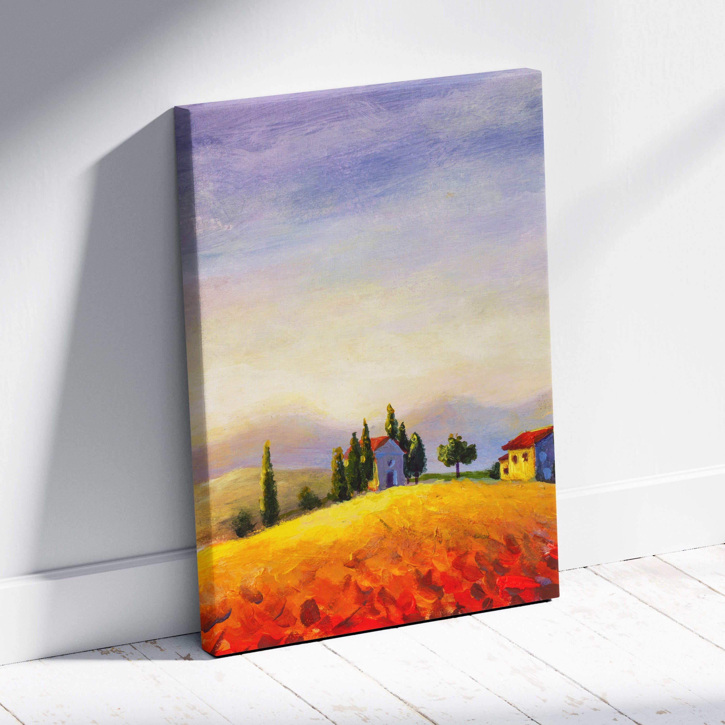 Tuscan countryside landscape canvas print featuring sunlit golden fields red poppies and colorful houses under purple sky