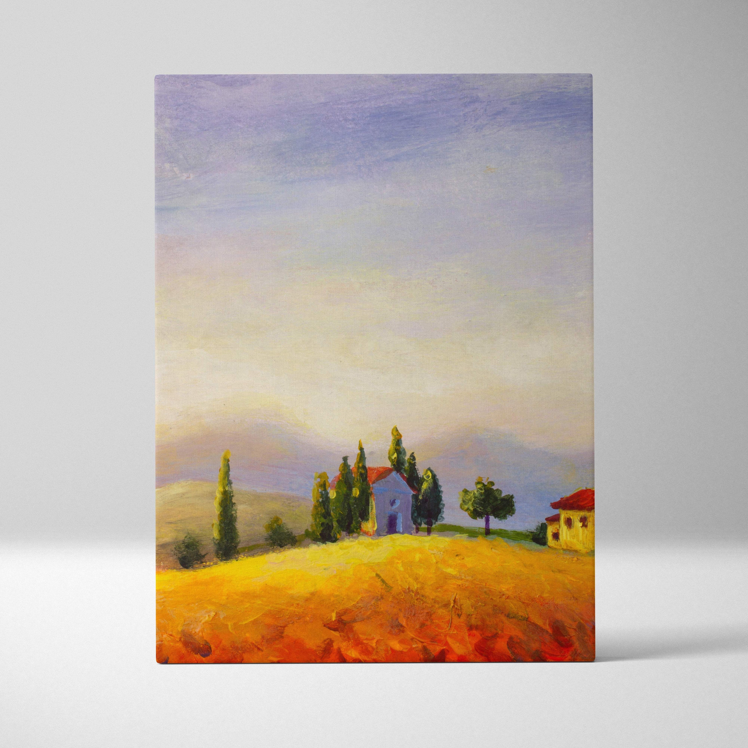 A rectangular canvas print of tuscan countryside landscape with golden fields cypress trees rustic houses and pastel sky