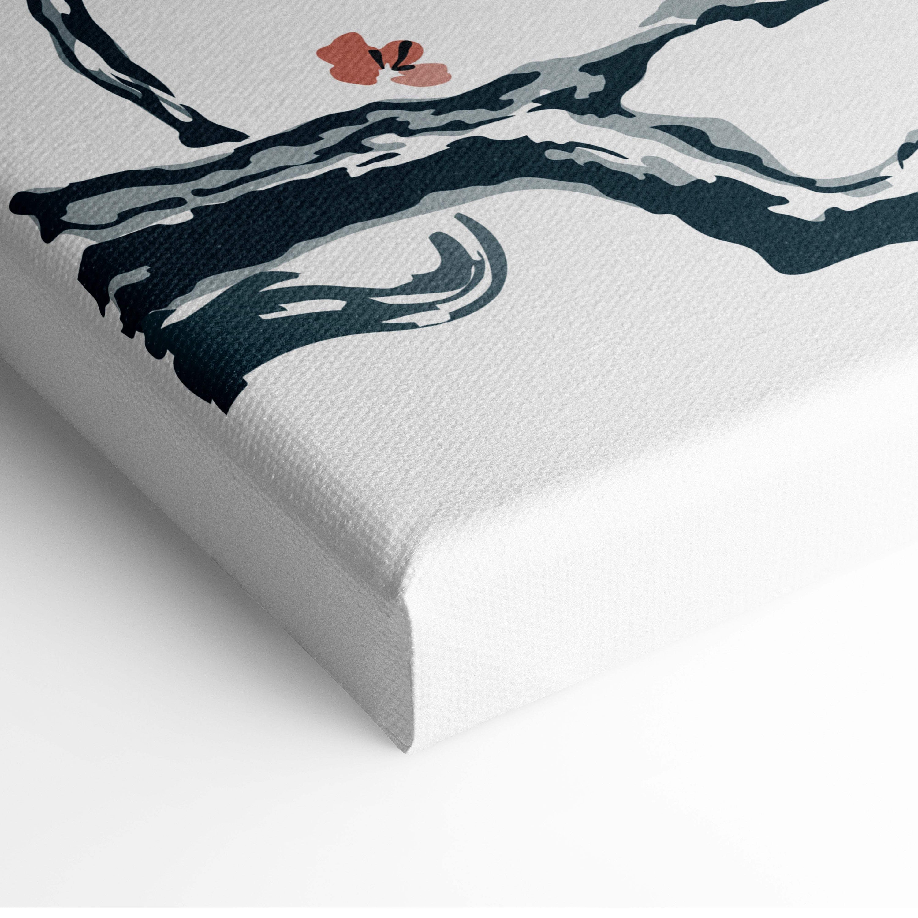 White canvas print of stylized dark blue and gray tree branches with an orange blossom in japanese ink style wall art