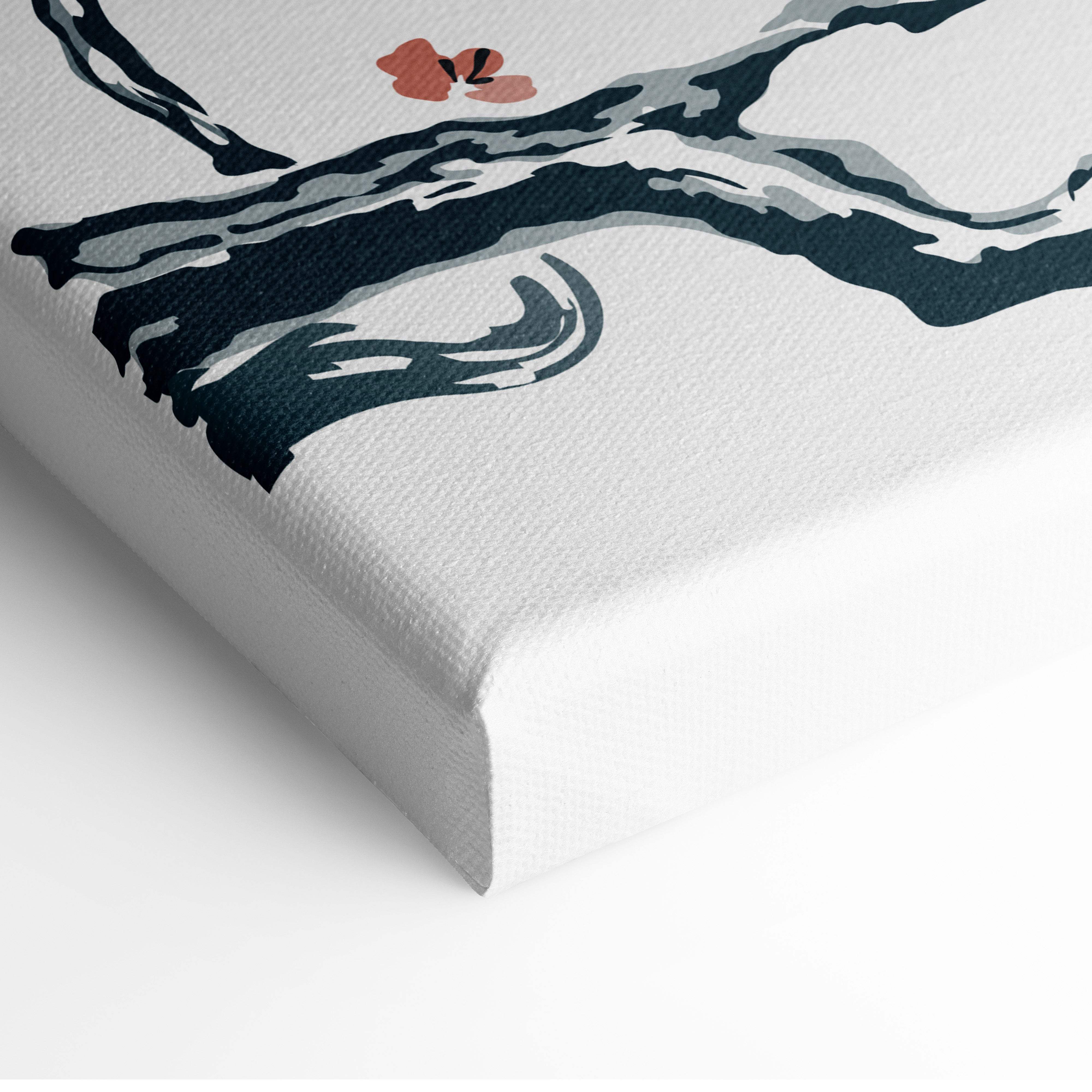 White canvas print of stylized dark blue and gray tree branches with an orange blossom in japanese ink style wall art
