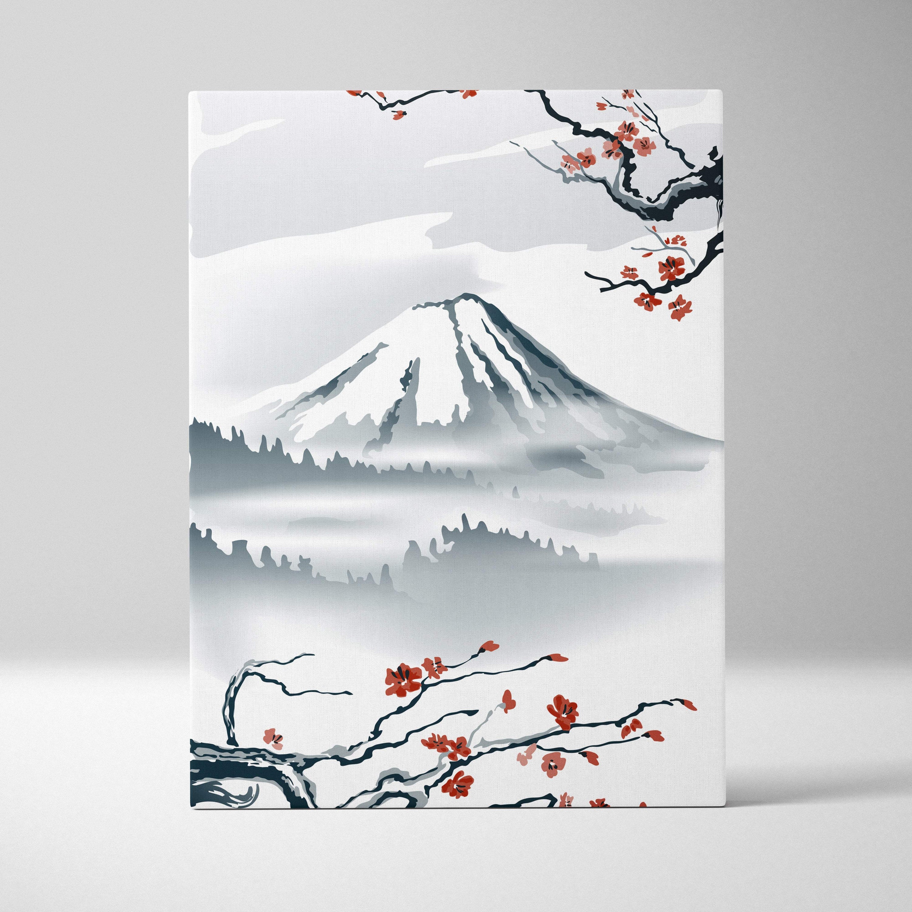 Minimalist canvas print of snow-capped mount fuji in gray ink with vibrant red cherry blossom branches for wall art