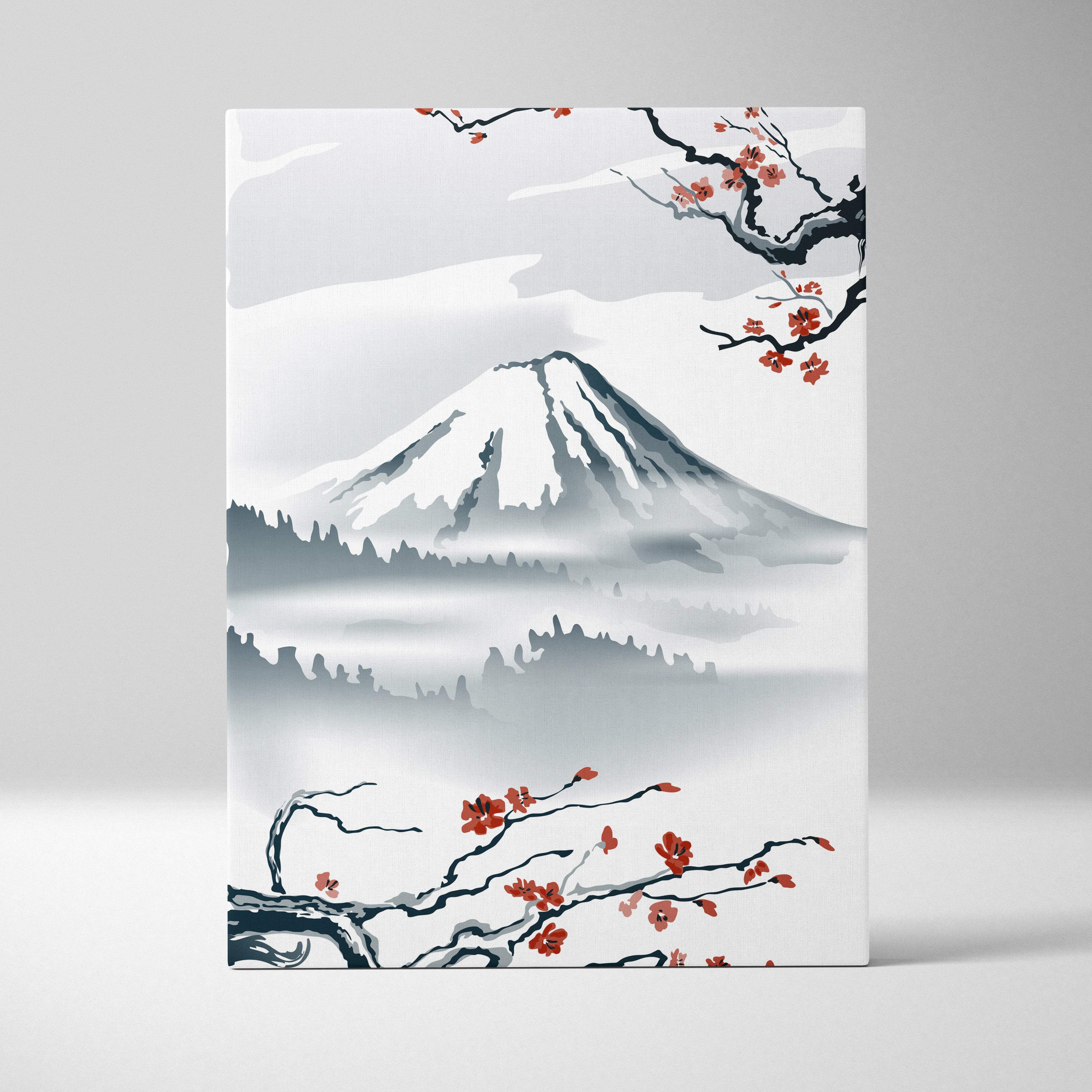 Minimalist canvas print of snow-capped mount fuji in gray ink with vibrant red cherry blossom branches for wall art