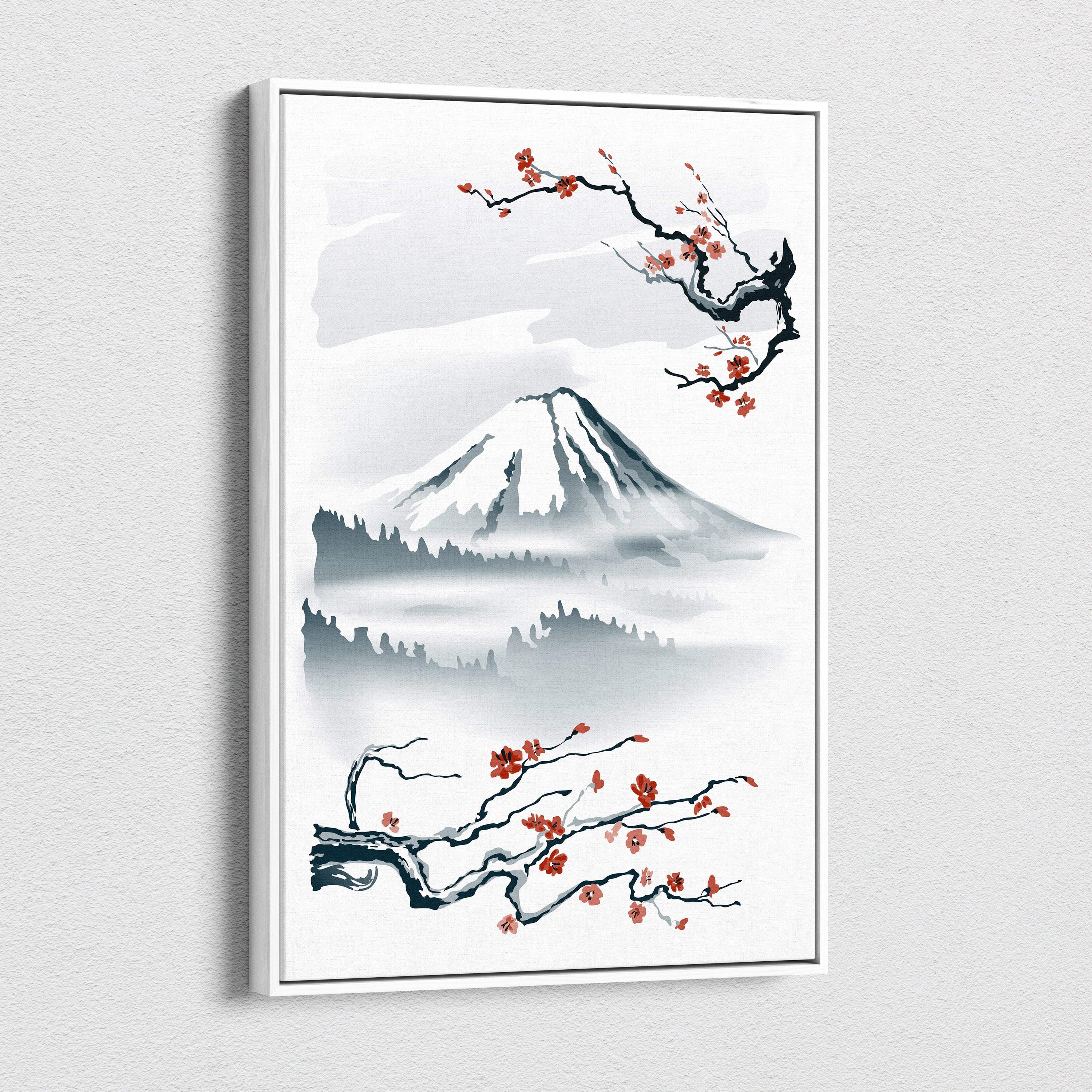 A framed watercolor canvas wall art of mount fuji with red cherry blossoms in japanese ink style for living room decor
