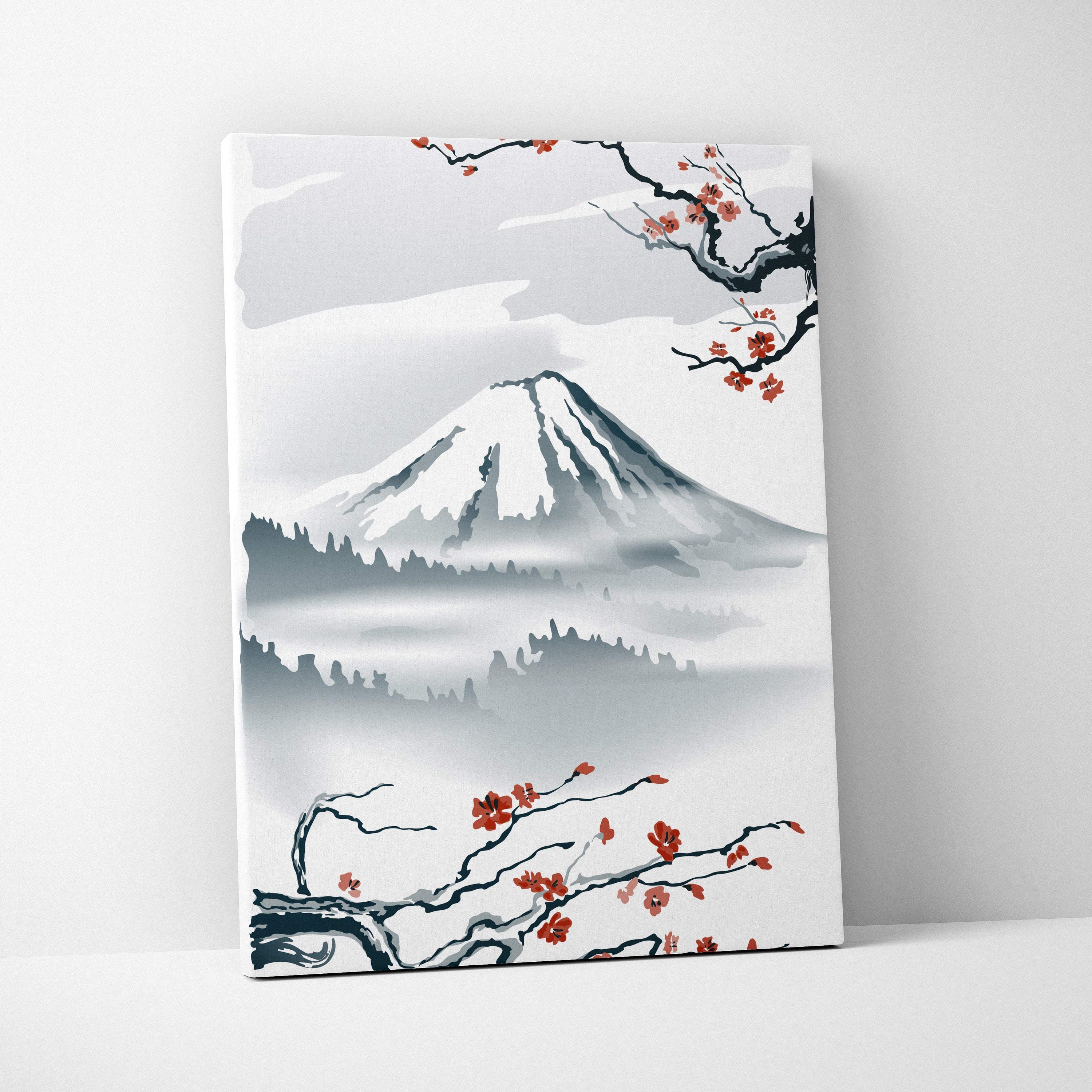 Minimalist mount fuji cherry blossom canvas print in red gray Japanese ink style for serene living room or bedroom decor