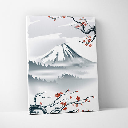 Minimalist mount fuji cherry blossom canvas print in red gray Japanese ink style for serene living room or bedroom decor