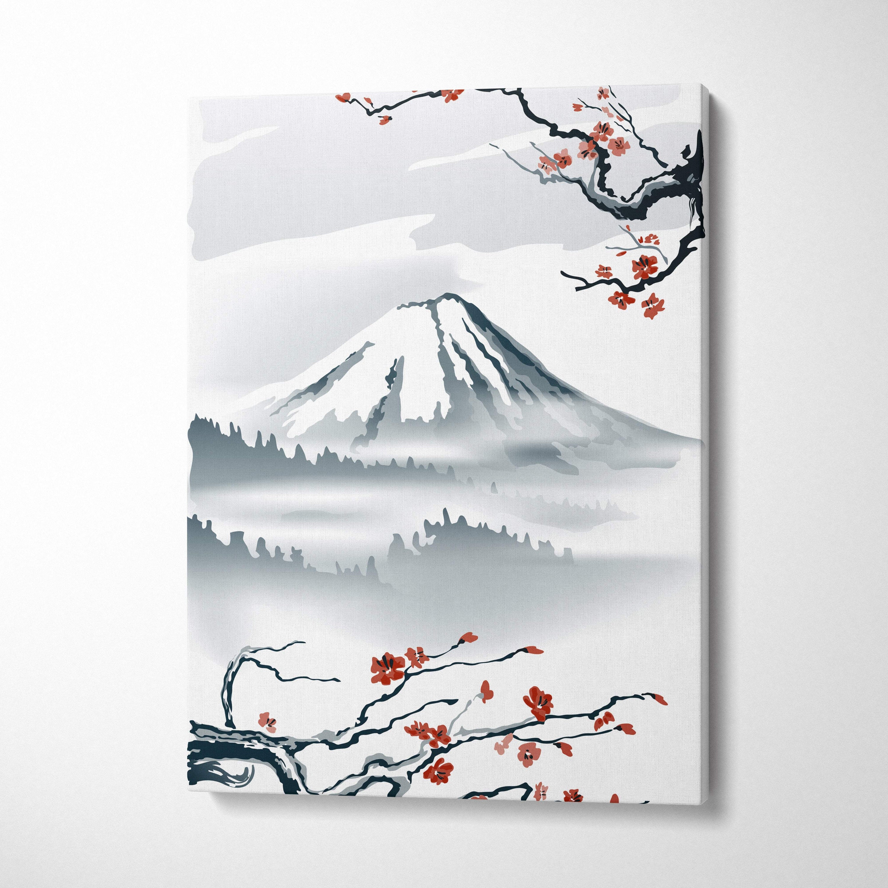 Minimalist mount fuji cherry blossom canvas wall art in gray red japanese ink style for serene living room decor
