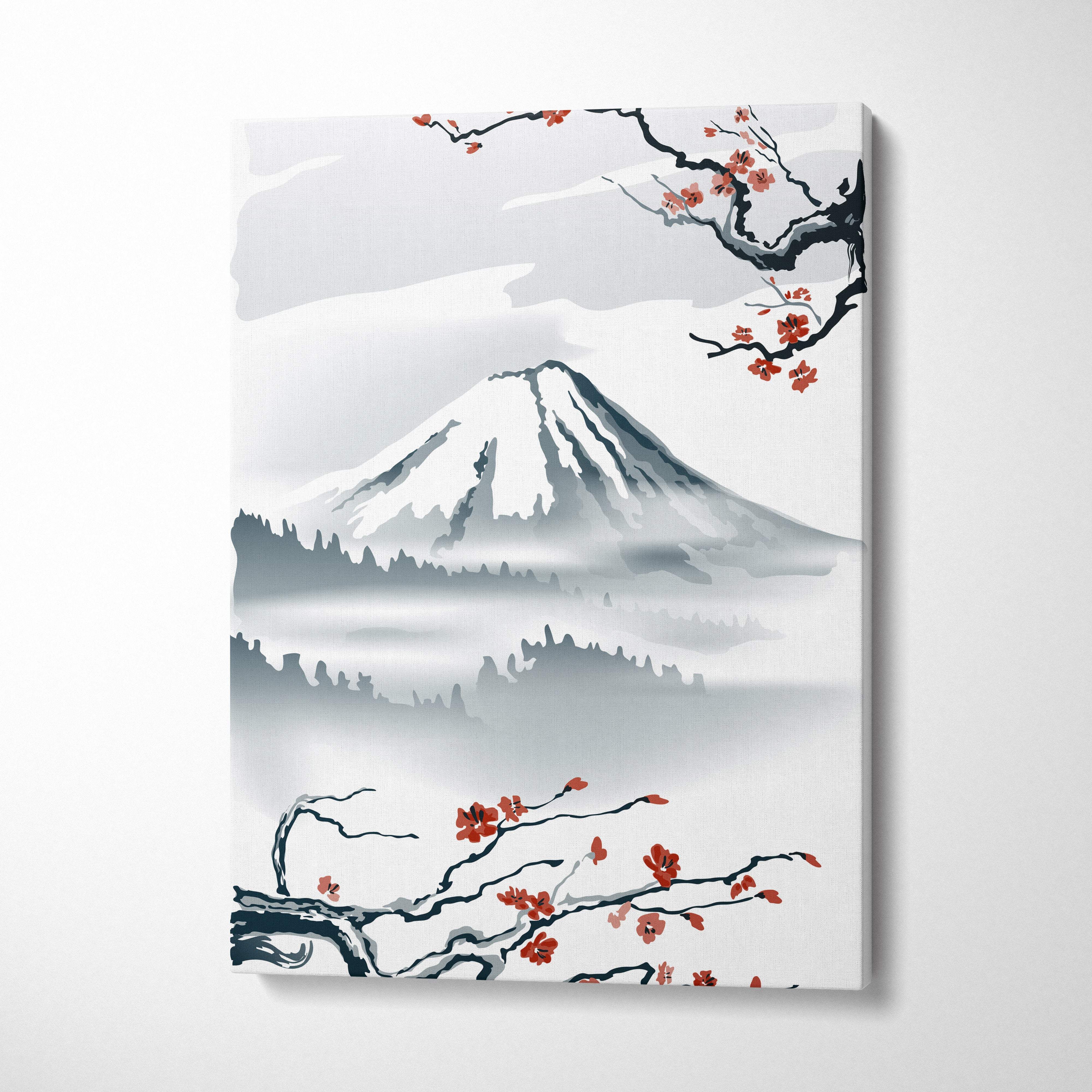 Minimalist mount fuji cherry blossom canvas wall art in gray red japanese ink style for serene living room decor
