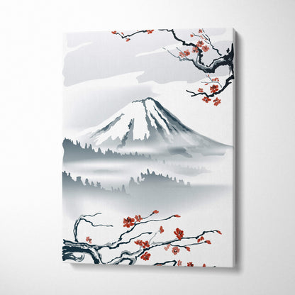 Minimalist mount fuji cherry blossom canvas wall art in gray red japanese ink style for serene living room decor