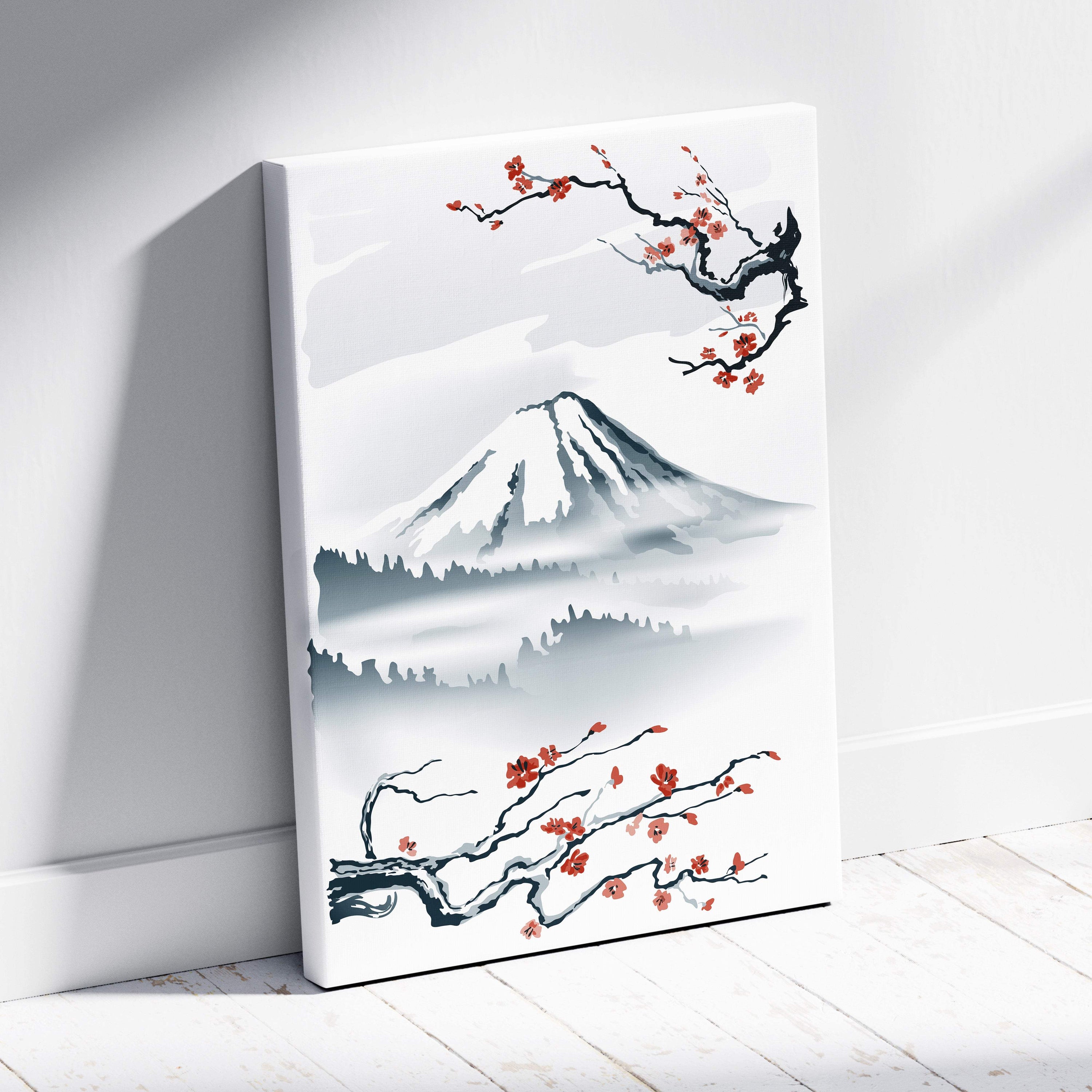 Mount fuji cherry blossom canvas wall art with gray red ink painting style and serene zen landscape for living room decor