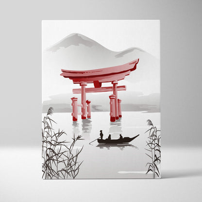 Red torii gate lake canvas wall art featuring a vibrant red torii gate framed by black reeds in gray japanese ink style