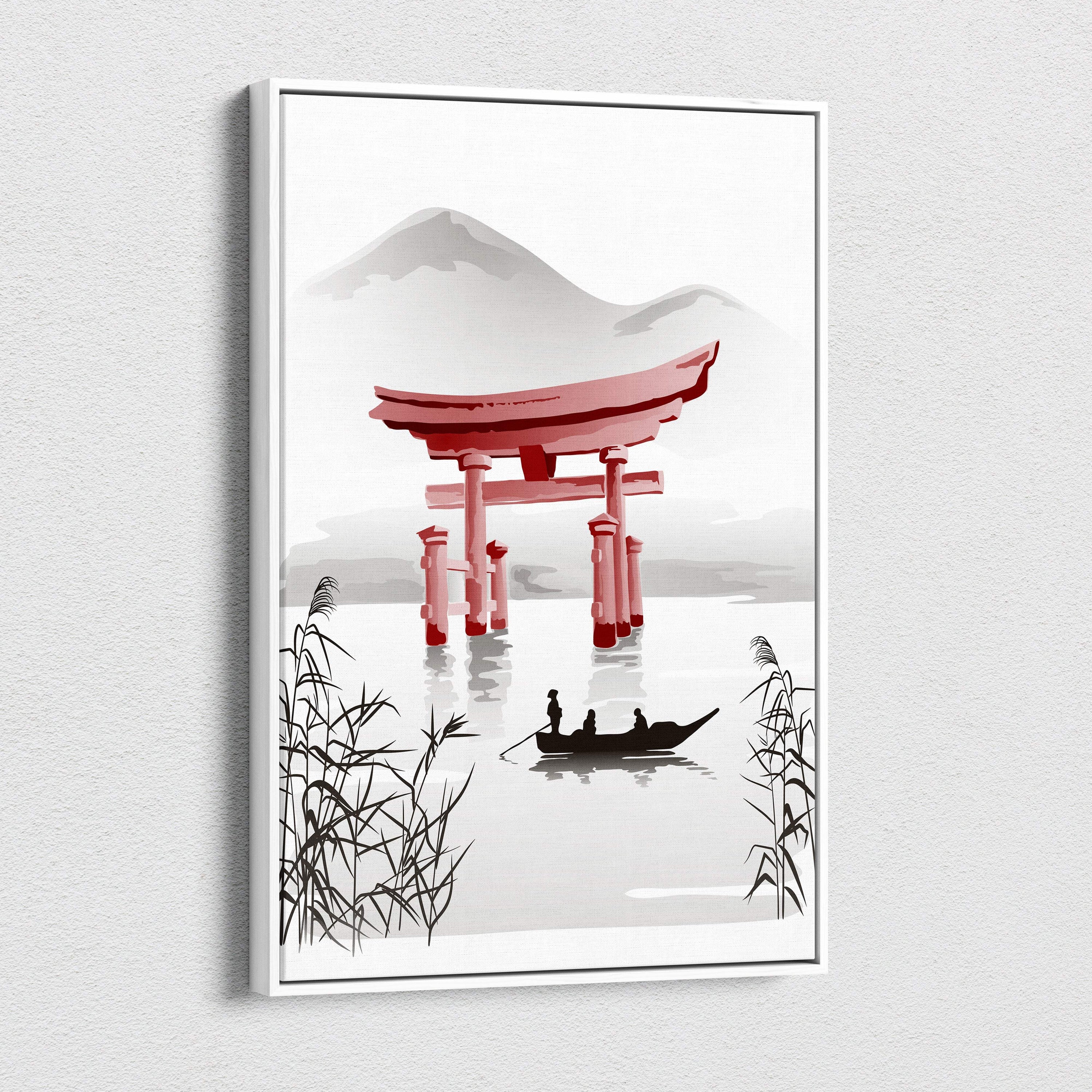 A framed red torii gate canvas wall art in gray ink wash style with boat and reeds for zen living room decor