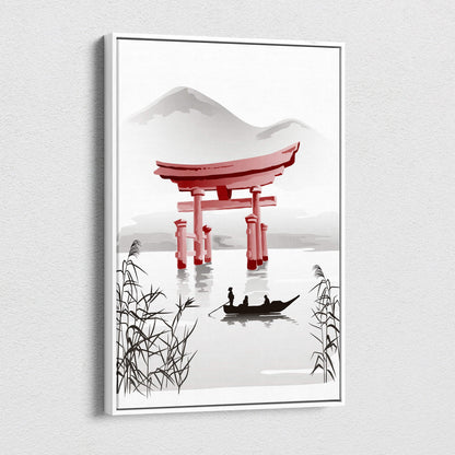 A framed red torii gate canvas wall art in gray ink wash style with boat and reeds for zen living room decor