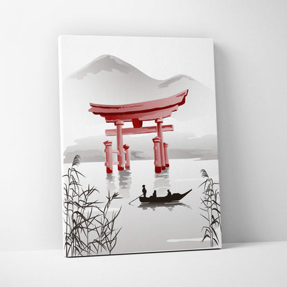 Red torii gate lake canvas wall art with stylized red torii gate and gray japanese ink mountains for zen decor